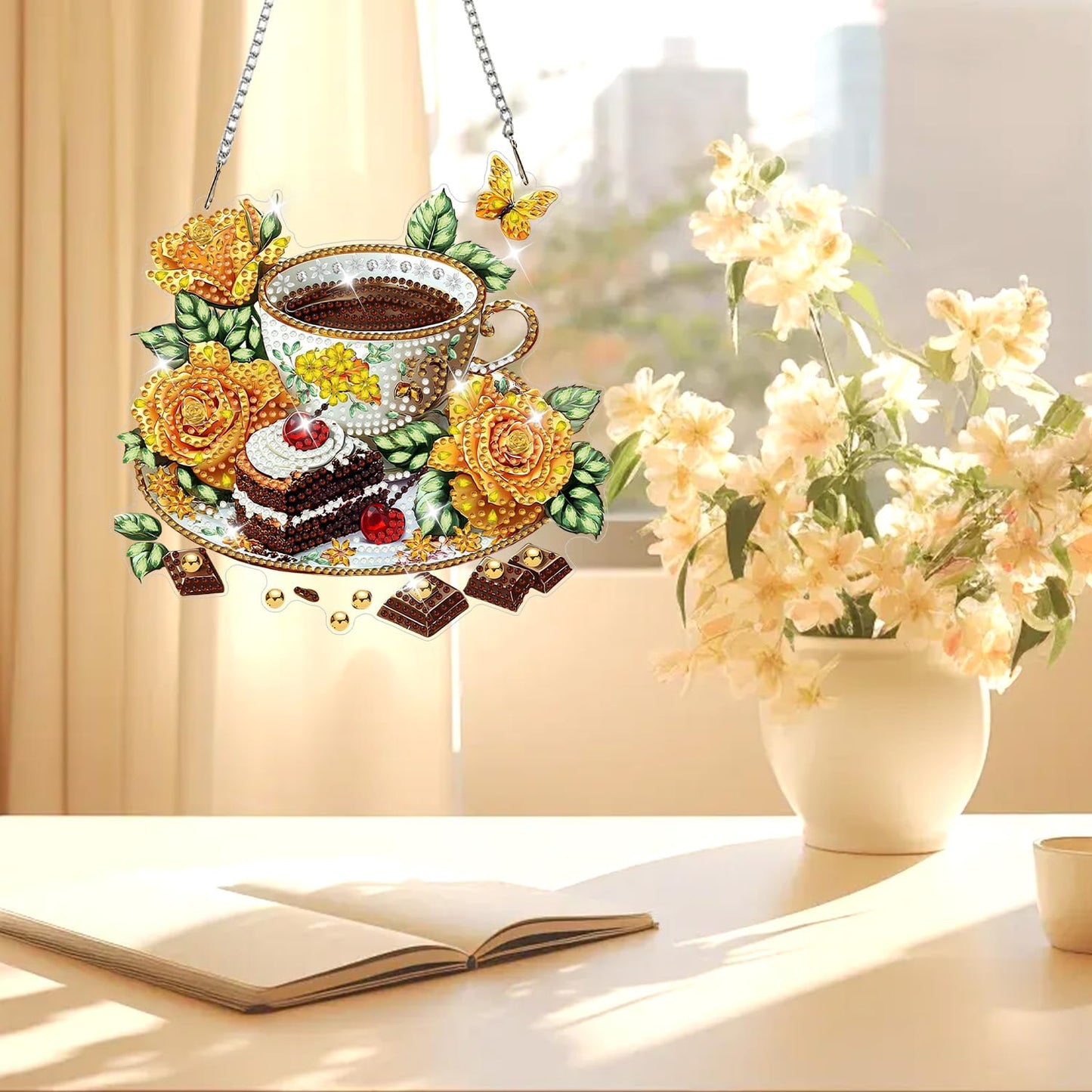 AIRDEA Coffee Diamond Painting Hanging Kits Pendant for Adult, Yellow Roses and Cake Special Shaped Diamond Art Flowers Window Pendant Ornament,7.68x7.48in