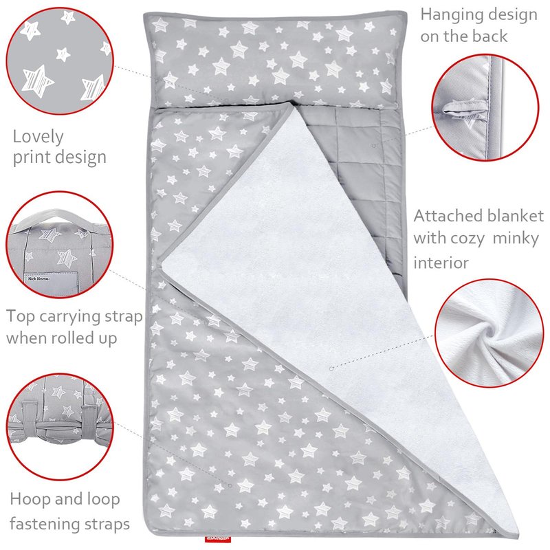 Moonsea Toddler Nap Mat with Pillow and Fleece Minky Blanket Grey, Lightweight and Soft Perfect for Toddlers Preschool, Daycare, Travel Sleeping Bag for Girls, 21" x 50" Fit on a Standard Cot