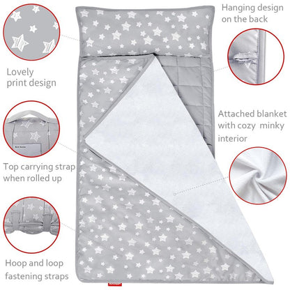 Moonsea Toddler Nap Mat with Pillow and Fleece Minky Blanket Grey, Lightweight and Soft Perfect for Toddlers Preschool, Daycare, Travel Sleeping Bag for Girls, 21" x 50" Fit on a Standard Cot