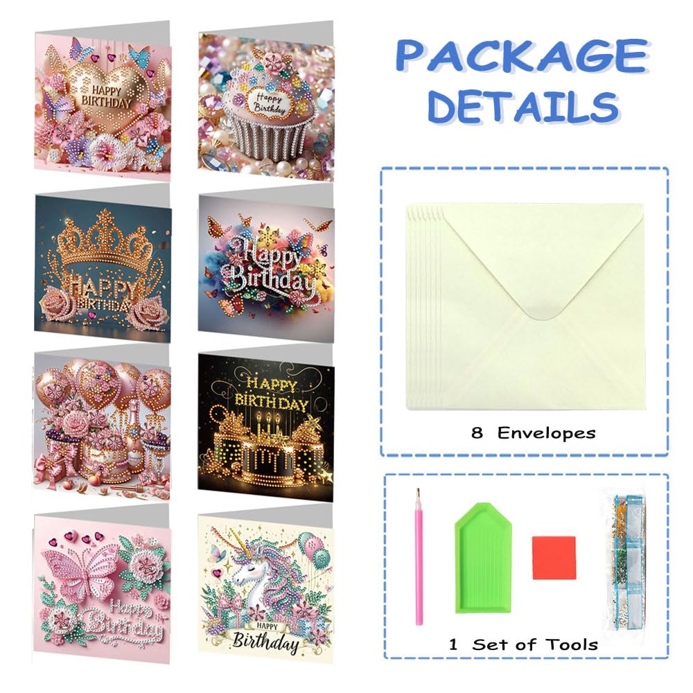 JBTM24 8 Pack 5D DIY Diamond Painting Cards Kit, Diamond Art Birthday Holiday Greeting Card, Art Crafts Kit Creative Gift with Envelope, Card Making Kits for Adults, Birthday