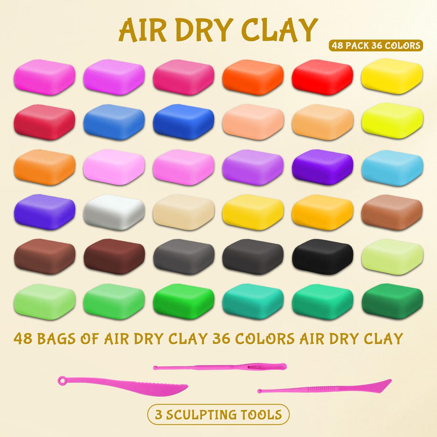 48 Air Dry Clay-36 Colors Modeling Clay for Kids Age 3-12,13 White,35 Others, Air Dry Clay Bulk Kit with 3 Sculpting Tool, Light, Safe, Non-Toxic, DIY Model Magic Clay Gifts for Boys and Girls Toys