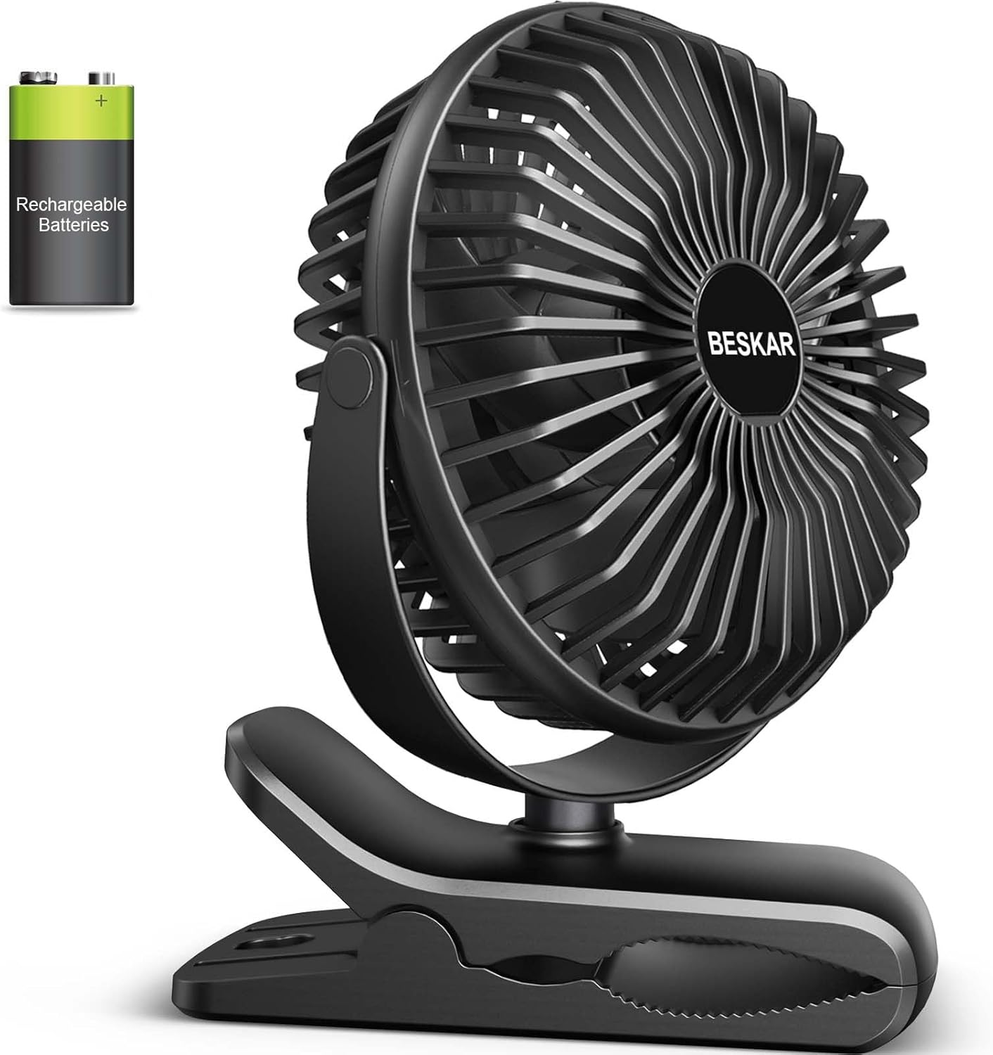 BESKAR Portable Clip on Fan, Rechargeable, 4 Speeds Small Battery Operated Fan, USB Desk Fan with Strong Airflow