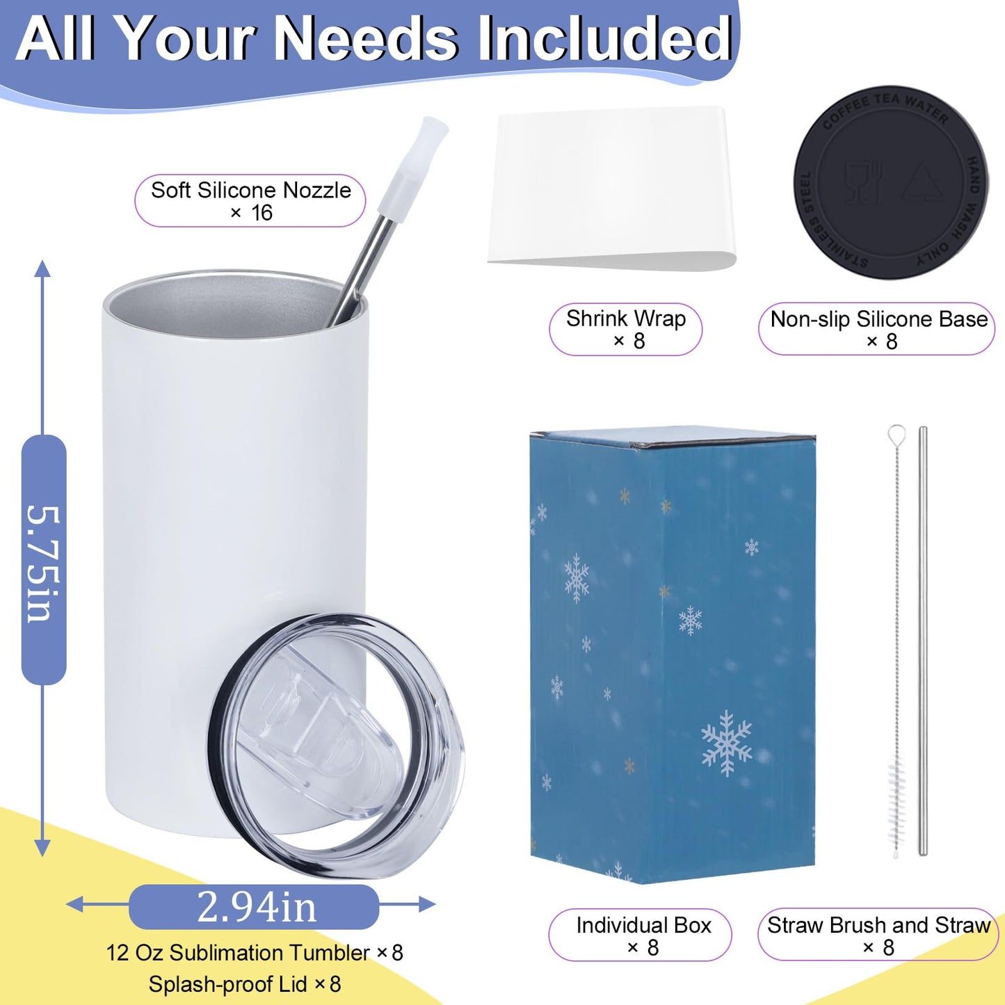 Draheri 8 Pack 12 Oz Sublimation Tumblers Blanks Bulk, Stainless Steel Double Vacuum Insulated Sublimation Tumbler for Kids, Individually Boxed (Flat Edge)