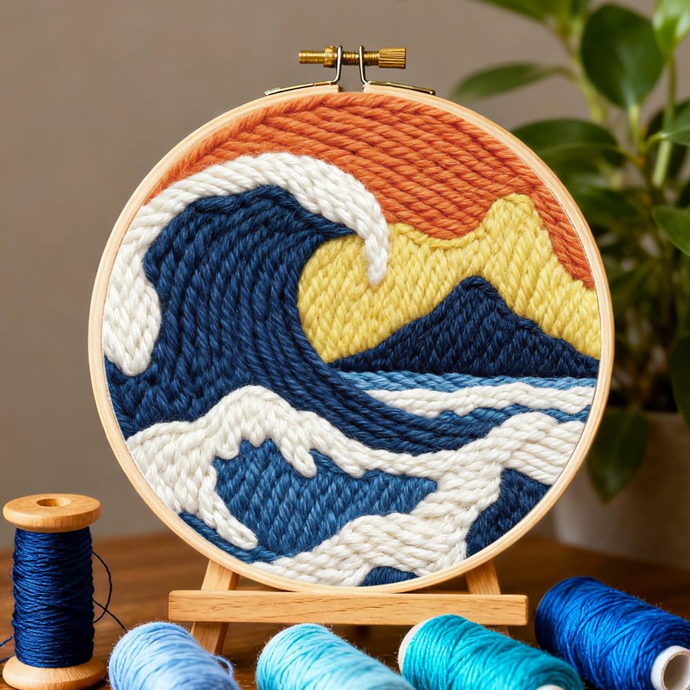ORIGACH 2 Set Embroidery Punch Needle Kit for Adults Beginners DIY Kanagawa Wave Punch Stitching Kit for Art Crafts & Home Decor Easy Needle Punching Project with 7.9inch Hoop, Patterns, Yarns, Tools