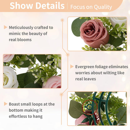 NUPTIO Flower Candle Rings for Centerpieces: 13.4 Inch Artificial Rose Wreath for Wedding Party Christmas - Dusty Rose & White Wreaths for Spring Summer Front Door Porch Table Decor 2 Pcs