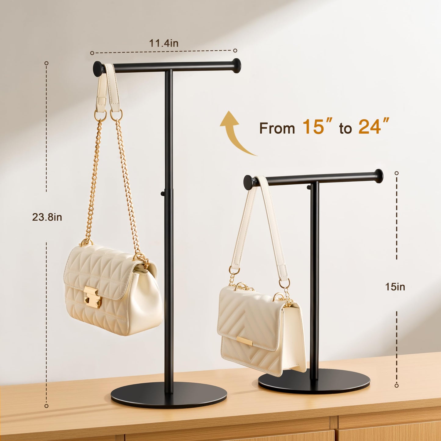 niffgaff 2 Pack 15‘’-24‘’ T Bar Purse Display Stand Tabletop: Adjustable Height Handbag Holder, Countertop Hanging Rack for Long Necklace Scarf Lanyard, Black