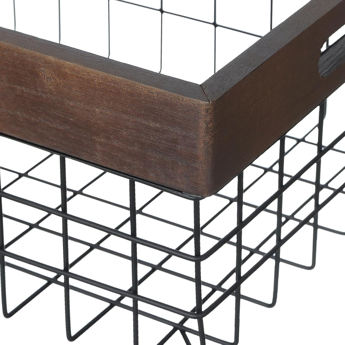 Set of 3 Metal Wire Baskets, Organizing Wood Top with Handles, Storage Organizer for Kitchen Cabinets, Pantry, Laundry