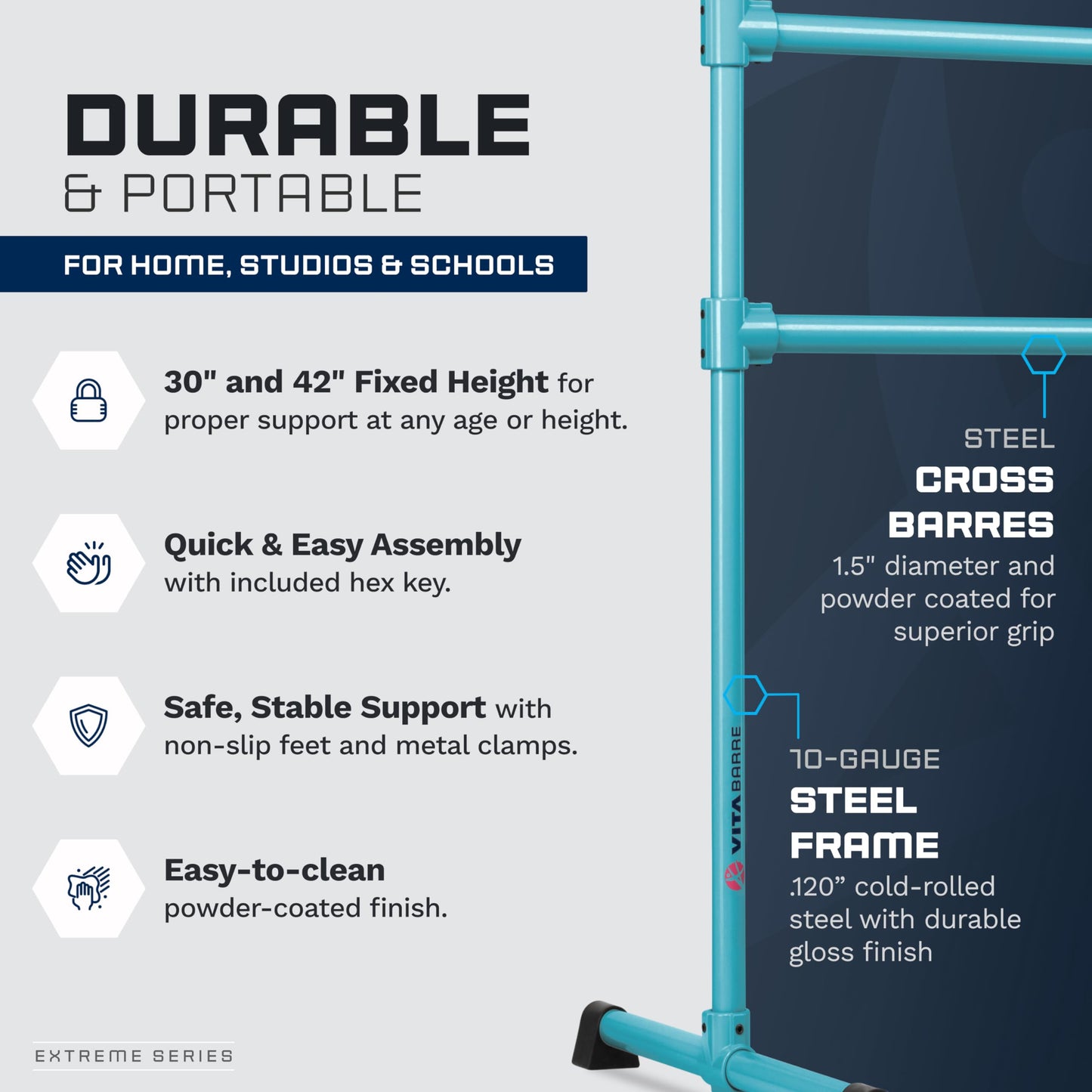 VITA Barre Portable Freestanding Double Ballet Barre, Extreme, 16 Ft Bars, Teal, Steel | Fixed Height, Made in USA, Home or Gym Exercise Equipment for Kids & Adults | Dance, Fitness, Pilates