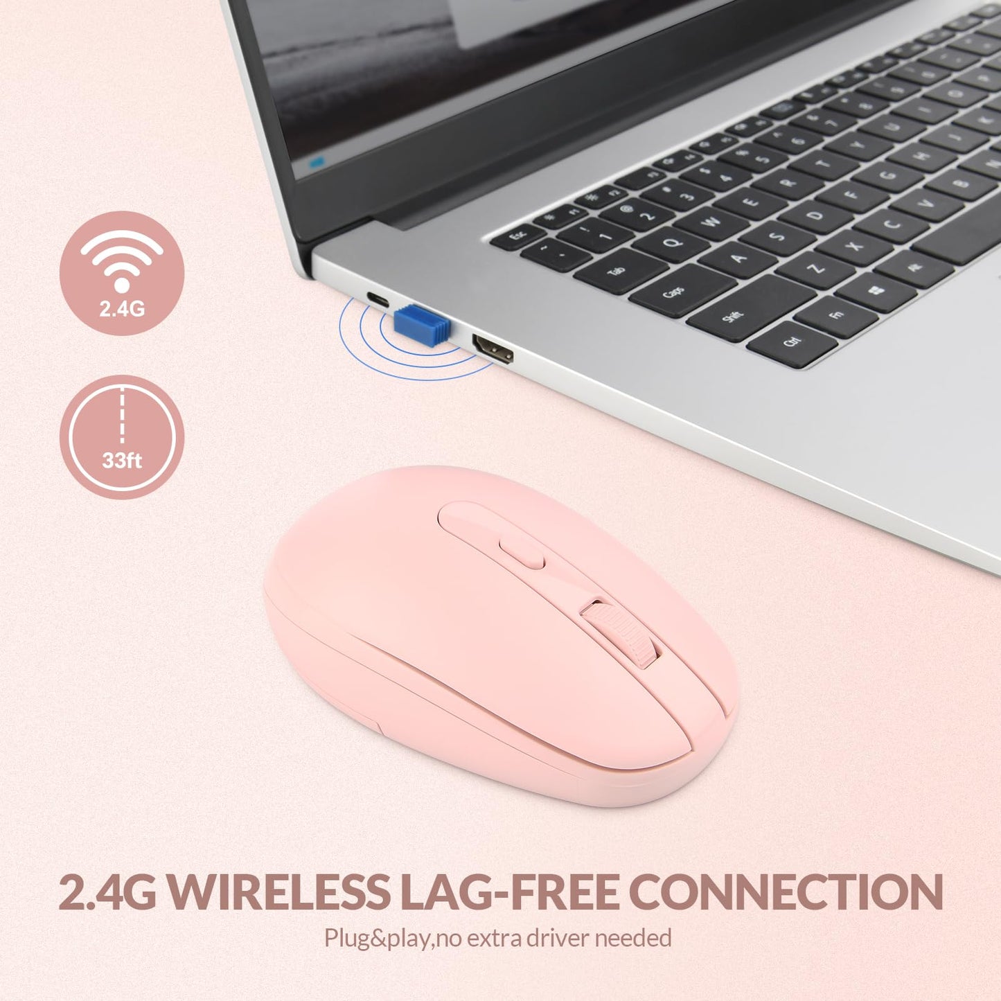 Rii Wireless Mouse RM700 2.4G Silent Mouse with USB Nano Receiver for Laptop,PC,Mac,Chromebook,Windows (Pink)