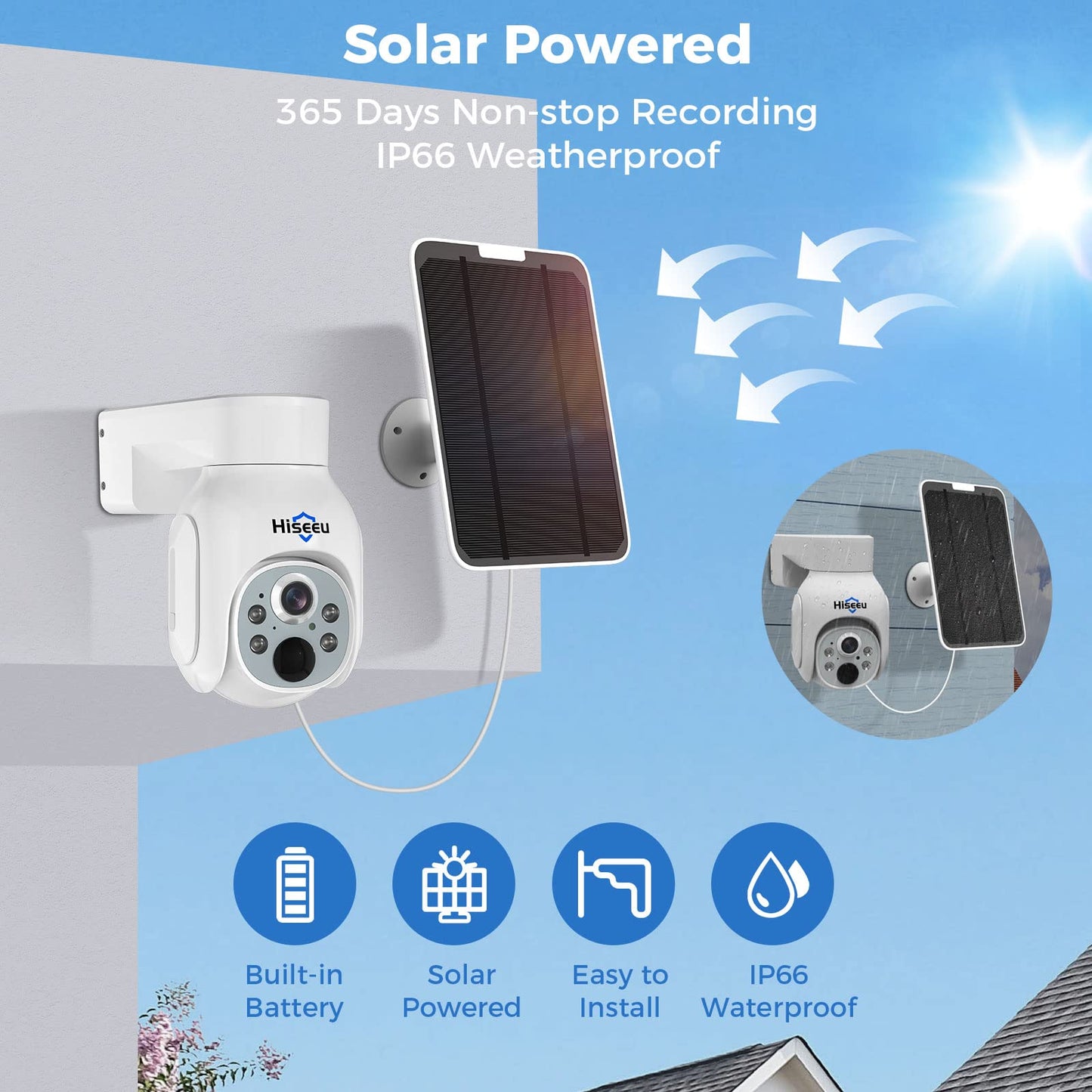 Hiseeu Solar Security Camera, 2PCS 4MP Wireless WiFi Camera Outdoor, PTZ 360° View, PIR Motion Detection, Color Night Vision, IP66, 2-Way Audio, 2.4G WiFi, No Monthly Fee