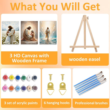 BAWKENTON 3 Pack Jesus Paint by Numbers Kits for Adults with Framed Canvas - with Wooden Easel, Number Artist Paint by Number on Canvas, DIY Acrylic Oil Painting Kits for Home Decor 9.45x11.84in