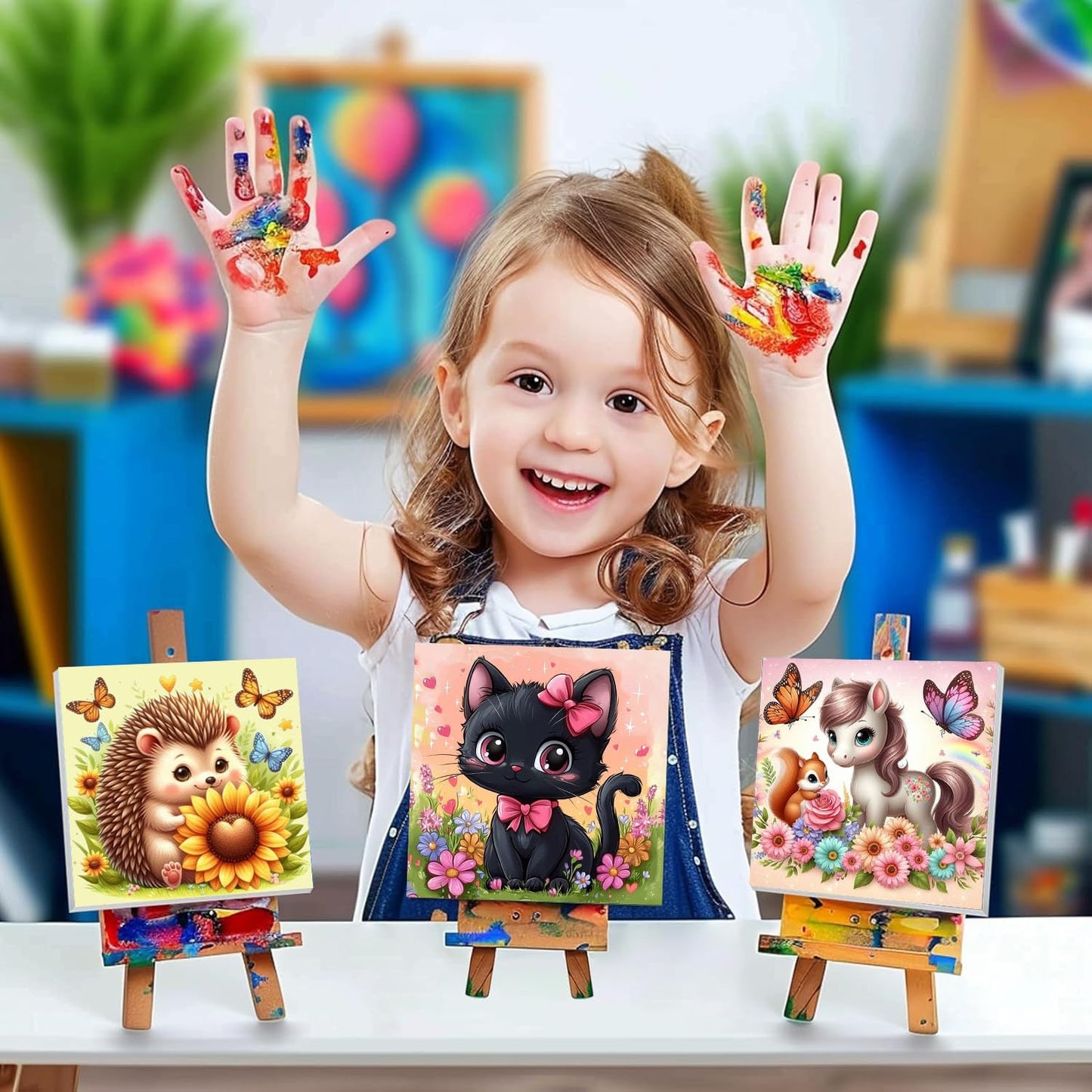 4 Pack Paint by Numbers Kit for Kids with Frame - Wooden Easel, Animal Paint by Numbers for Kids Ages 4 8 12, Easy Horse Cat Hedgehog Koala Acrylic Oil Painting Kits for Home Wall Decoration 8x8 inch