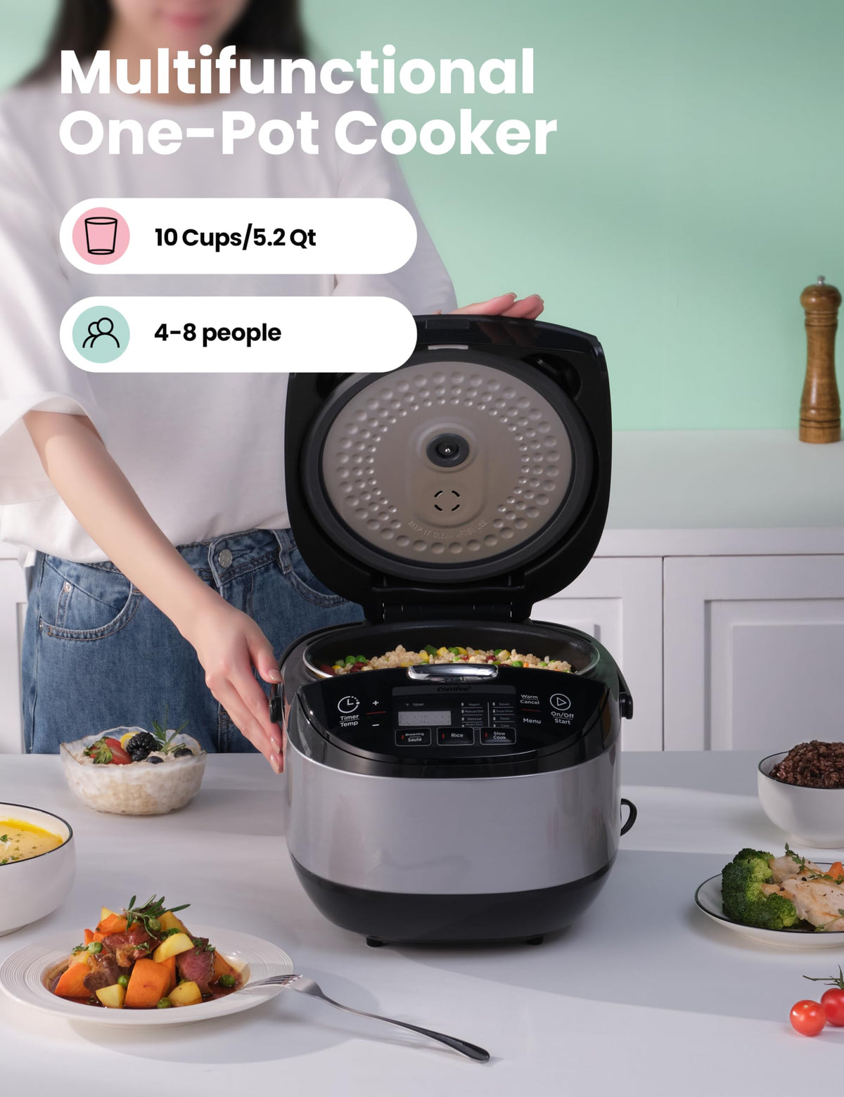 COMFEE' Rice Cooker, Japanese Large Rice Cooker with Fuzzy Logic Technology, 11 Presets, 10 Cup Uncooked/20 Cup Cooked, Auto Keep Warm, 24-Hr Delay Timer