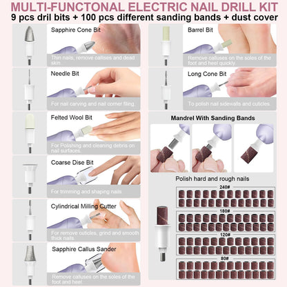 Professional Manicure Pedicure Kit, 9 in 1 Cordless Nail Drill with 100 pcs Nail Drill Bits Sanding Bands, Nail Grinder for Human, 5 Speeds, Nail Dremel Kit for Home and Salon Use