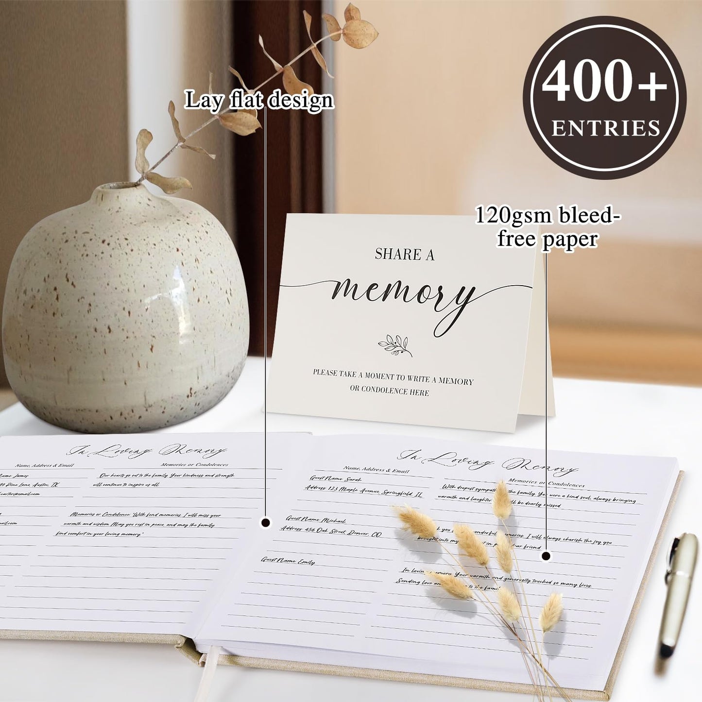 Lanpn Funeral Guest Book for Memorial Service, Linen Celebration of Life Registry Guest Book with Open Window, Memory Book for Funeral with Table Sign, Funeral Favors Sign in Books for Guests, Beige