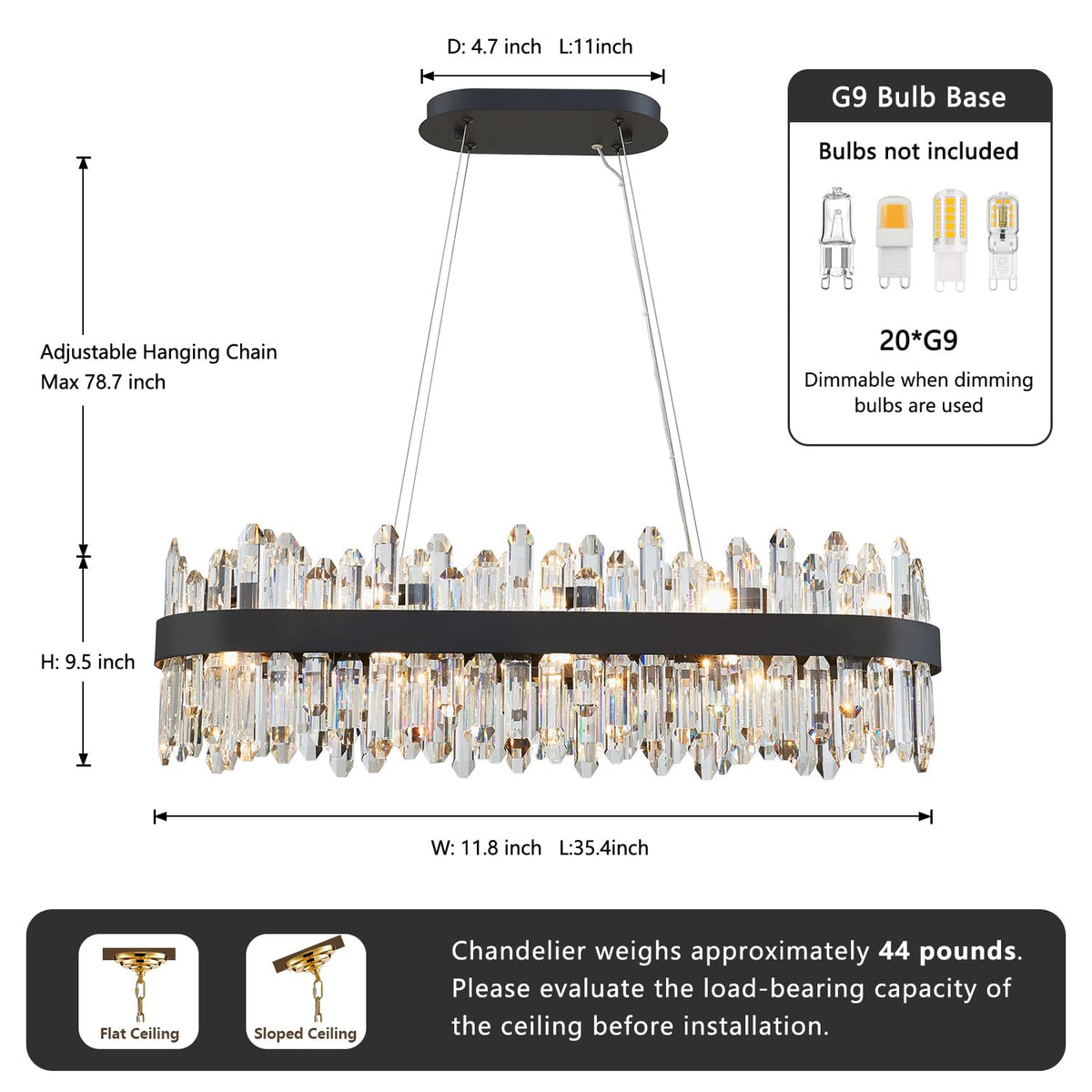 DUNFIZZ Modern Rectangular Crystal Chandelier, 20-Lights Black Raindrop Chandelier Lighting Contemporary Pendant Ceiling Light Fixture for Dining Room Living Room Kitchen Island L35.4''