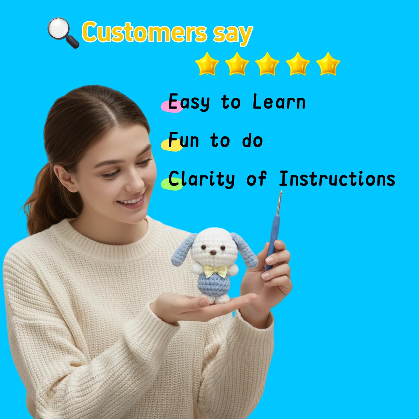 BUNUKY Crochet Kit for Complete Beginners - DIY Starter Kit to Make a Cute Puppy | Step-by-Step Video Tutorials for Easy Learning | Creative Craft Gift for Christmas, Adults, Teens (Sky Pup)