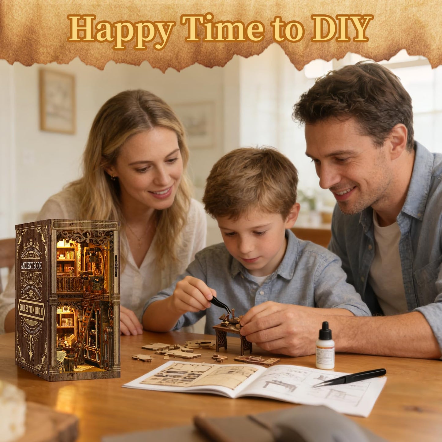Book Nook Kit, Book Nook for Adults 3D Wooden Puzzle with Sensor Led Light,DIY Miniature House Kit Bookshelf Insert Decor for Adults Booknook Model Kits