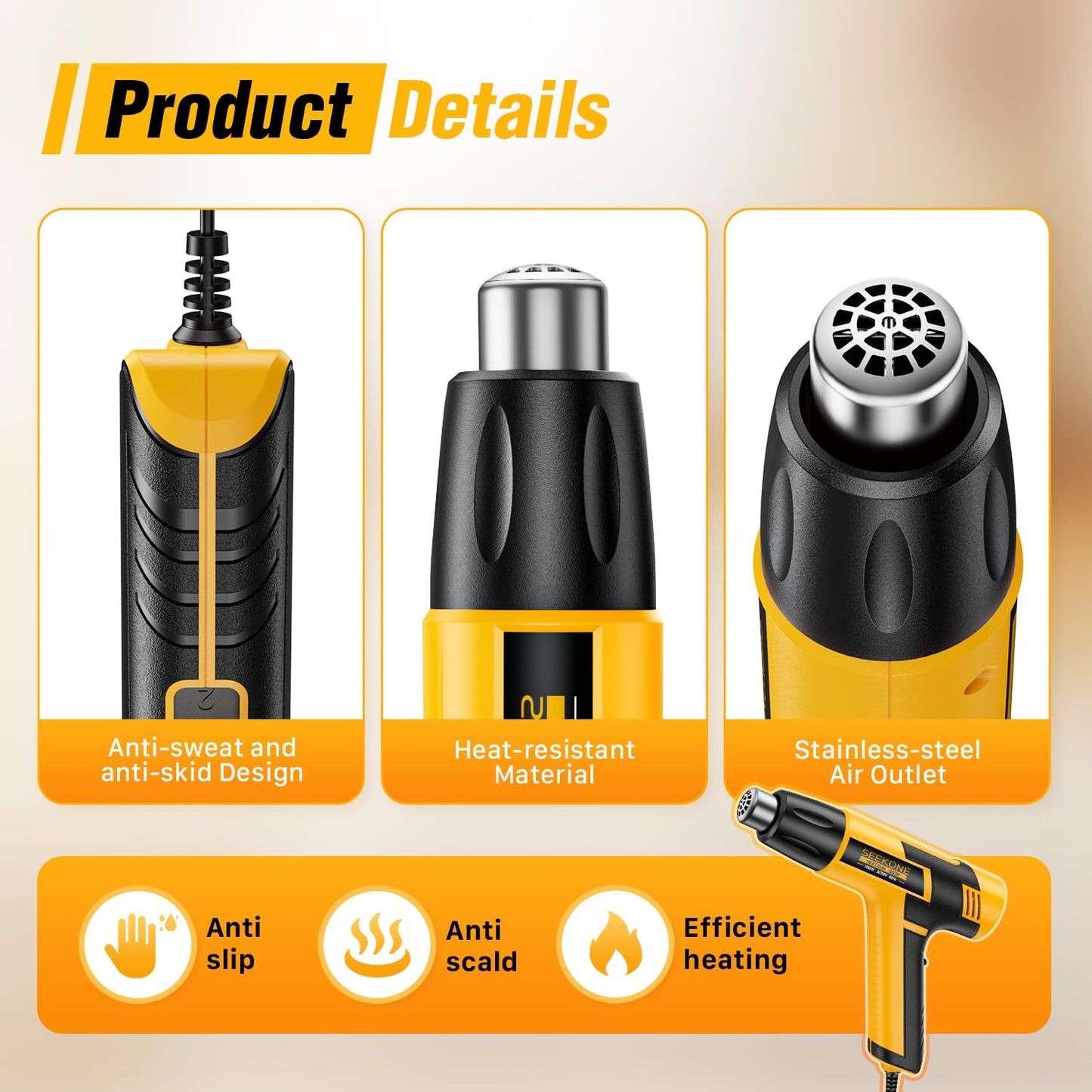 SEEKONE Mini Heat Gun, 600W Dual Temperature Hot Air Gun Tool 572℉&932℉, With 4.9Ft Long Cable and Overheat Protection for Crafts, Embossing, Paint Stripping, Shrink Wrap, and Heat Shrink Tube