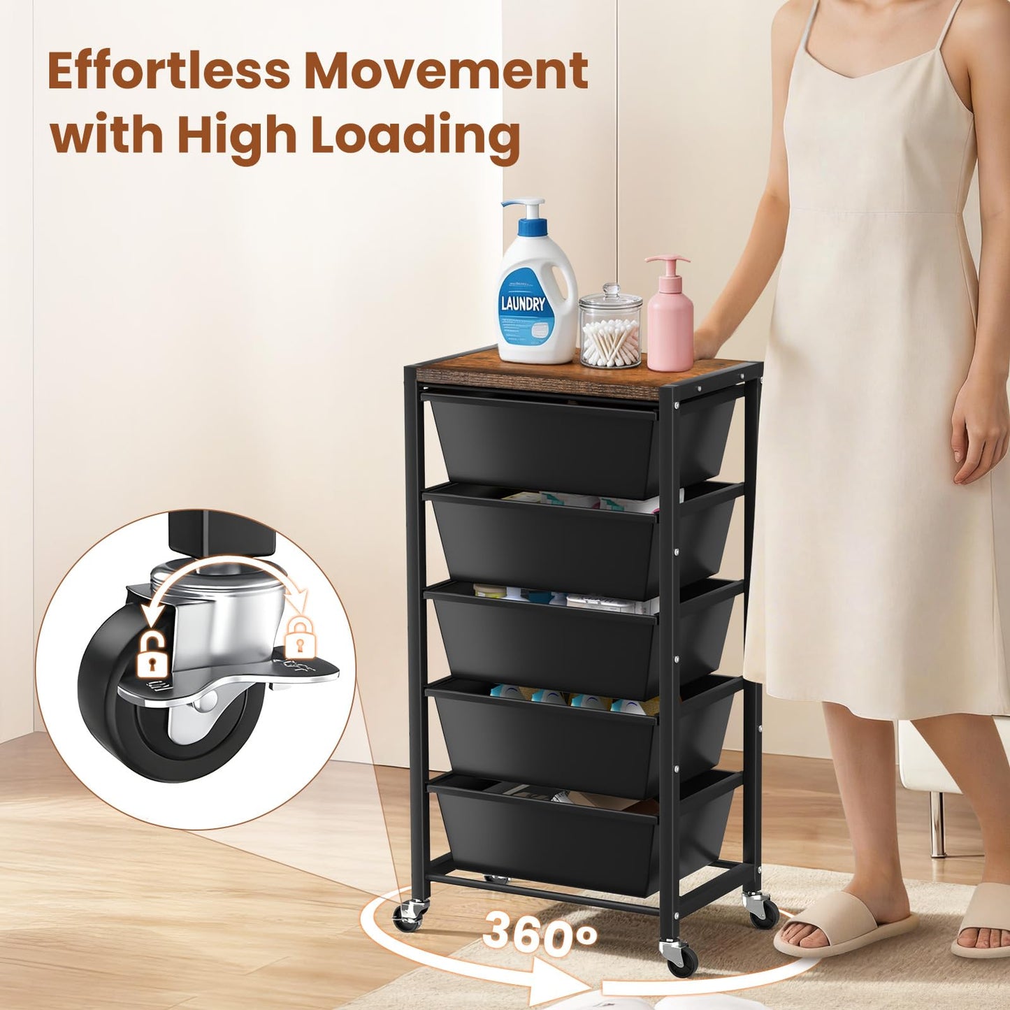 Rolling Cart with 5 Drawers, Plastic Drawer Storage Carts with Wheels & Wooden Tabletop, Metal Utility Cart for Office Bedroom Living Room Classroom, Craft Organization and Storage, Black
