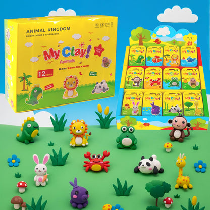 Air Dry Clay Kit, 12 Animals Kingdom Modeling Clay for Kids, DIY Model Magic Clay with Tools&Idea Cards, Soft&Non-Sticky, Safe&Non-Toxic Magic Clays, Creatible Art Crafts Toys Gifts for Boys Girls