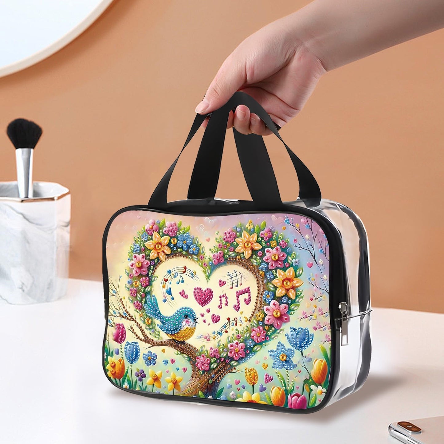 JZHYOAN Diamond PaintingTravel Toiletry Bag for Women Makeup Storage Organizer Art Portable Travel Makeup Pouch with Zipper Love Pattern Cosmetic Toiletry Bag for Shampoo Conditioner Brushes Set