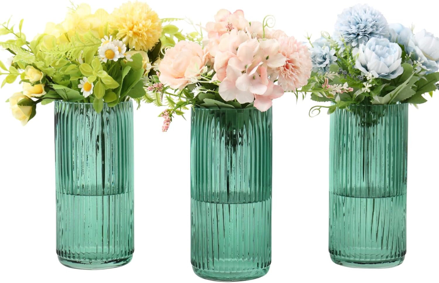 Set 3, 8 Inches Green Glass Vases, Flower Vases of Ribbed Glass Vase for Tulips, Tall Cylinder Glass Vases for Living