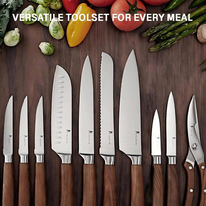 Kangdelun Ultra Sharp 14-Piece Kitchen Knife Set, High Carbon Stainless Steel Blades, Torrefied Brown Wood Handles, Ergonomic Design, Space-Saving Black-Finished Wood Block, Easy Hand Wash, Gift Box