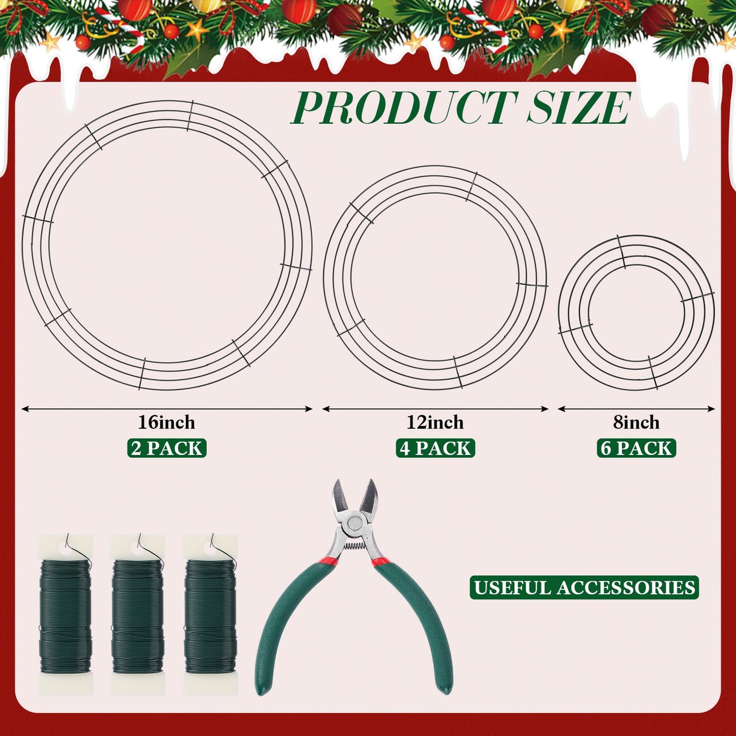 Kritkin 12 Pack 8, 12, 16 Inch Wire Wreath Frames Round Green Wreath with 114 Yard Paddle Wire and Cutters for Christmas New Year Party Valentines Wedding Easter Home Decor DIY
