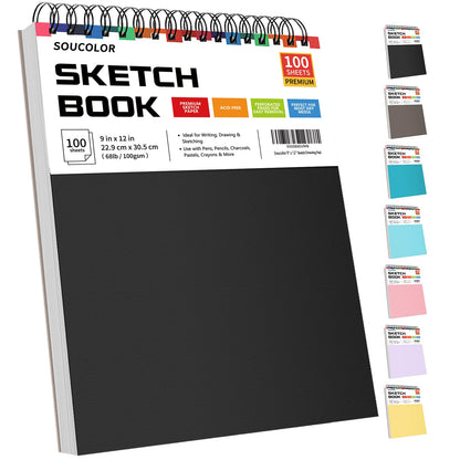 Soucolor 9" x 12" Sketch Book, 100 Sheets Top Spiral Bound Sketchbook with Acid-Free 68lb/100gsm Thick Drawing Paper, Art Sketch Pad for Kids, Adults & Artist, Professional Art Supplies for Beginners