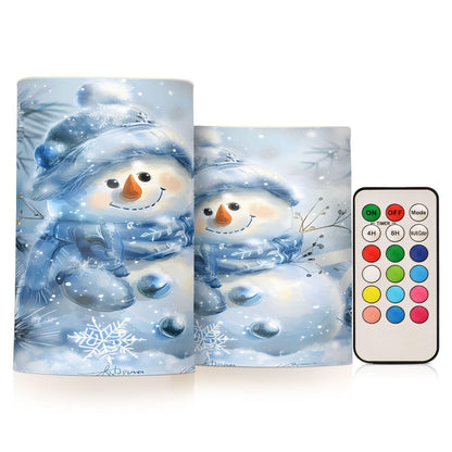 ALAZA Blue and Silver Christmas Snowman Flickering Flameless Candles Battery Operated with Remote Timer,Tea Light Candles LED Pillar Votive Candles Set of 2 for Outdoor Indoor Decorations