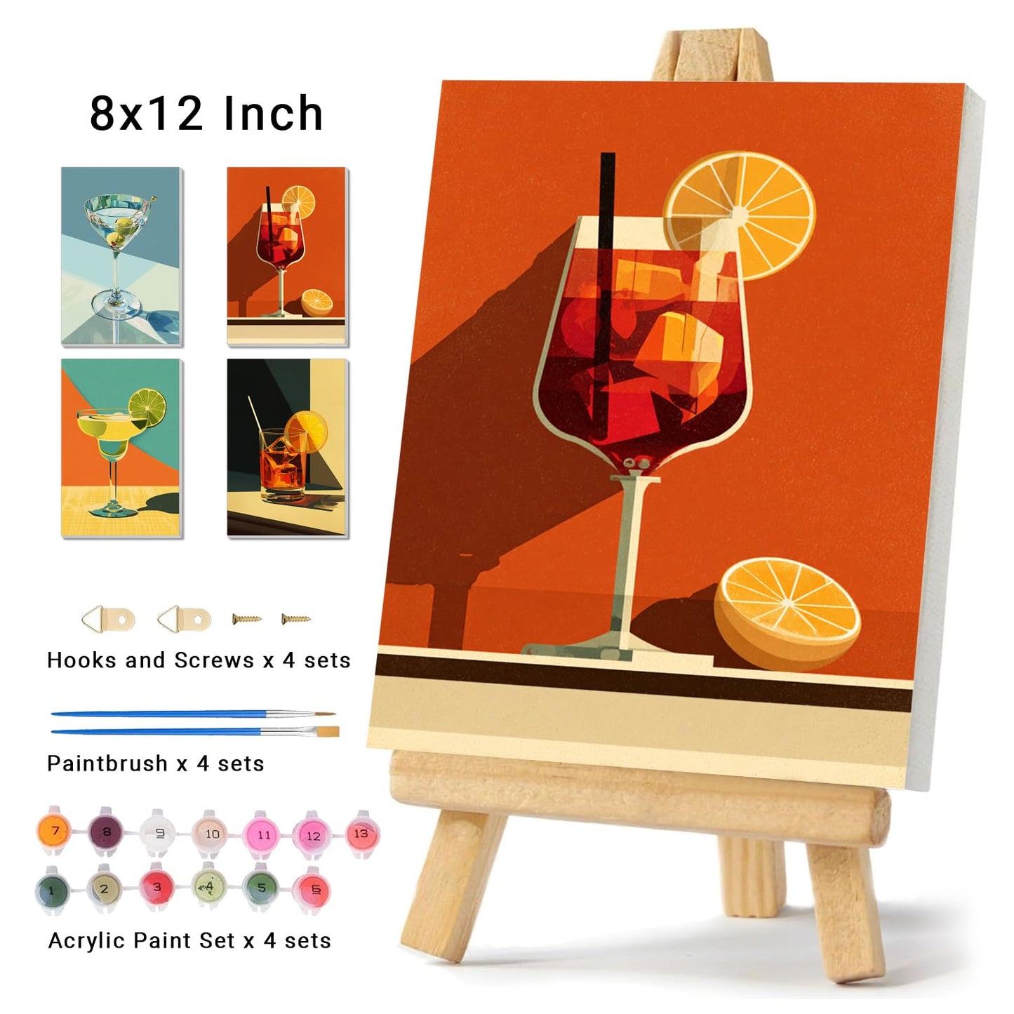 4 Pack Framed Paint by Numbers Kit for Adults Beginner Canvas Painting by Numbers for Adults Cocktail Easy Adult Paint by Number Kits with Frame Cocktails Art Watercolor Painting by Number 8x12 Inch