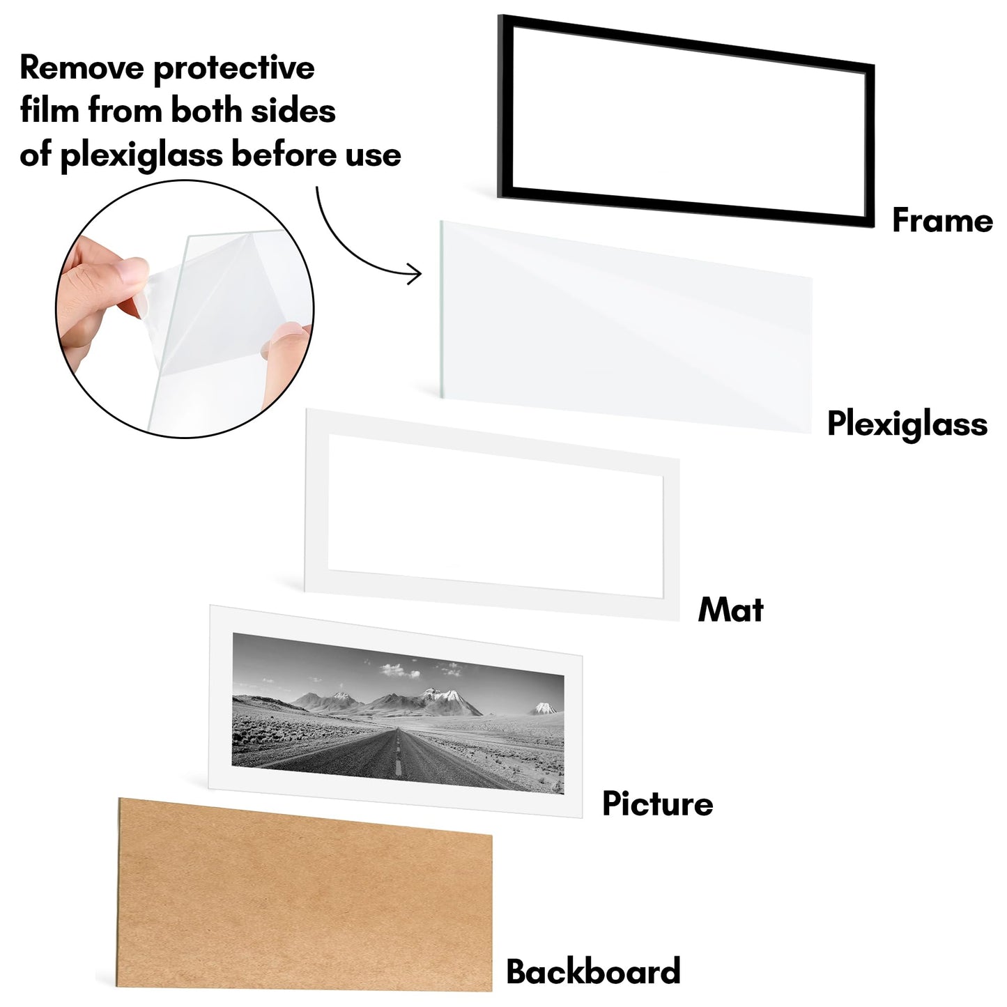 Americanflat 11x27 Picture Frame with Polished Plexiglass - Set of 2 - Use as 8x24 Frame with Mat or Display 11x27 Photo Without Mat - Galleria Collection - Picture Frames for Wall Display - Black