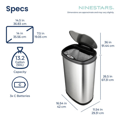 NINESTARS DZT-50-13 The Original Touchless Automatic Motion Sensor Trash Can, Black Top, 13.2 Gal. / 50 L, Stainless Steel