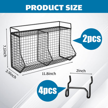 Huwena 2 Pcs Tiered Pegboard Baskets Bins Set with 4 Hooks Black Pegboard Parts Storage System Metal Garage Tool Organizer for Workbench Bathroom Kitchen Accessory Storage(2 Grid,Black)