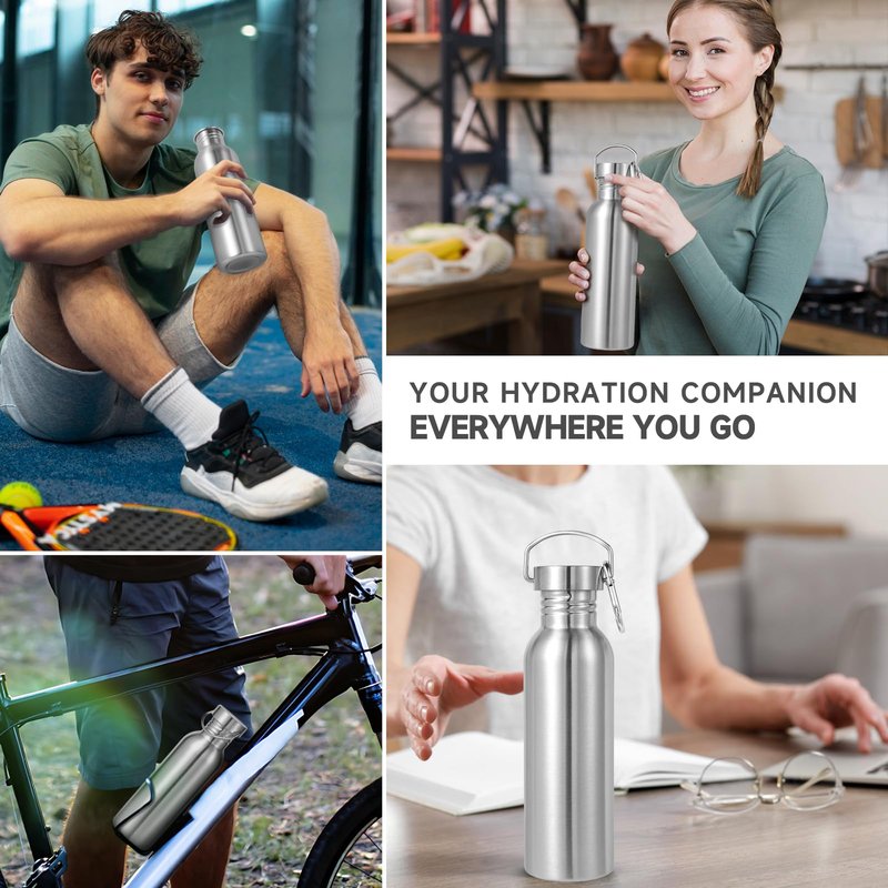 Volhoply 26oz Uninsulated Single Walled Water Bottle, Stainless Steel Reusable Water Bottles with Handle & Carabiner, BPA Free Wide Mouth Water Bottles for Gym Sports Camping(Silver,1)