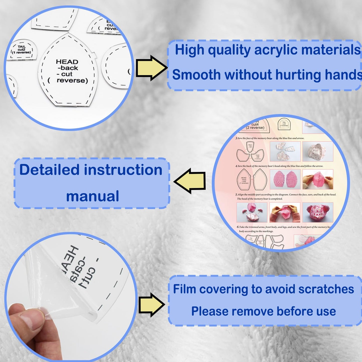 15in/Sitting Height 9in Fosdonge Acrylic Memory Bear Template Ruler Set with Detailed Instructions, Sewing Patterns for Beginners, Teddy Bear Quilting templates (Sitting Height 9in)
