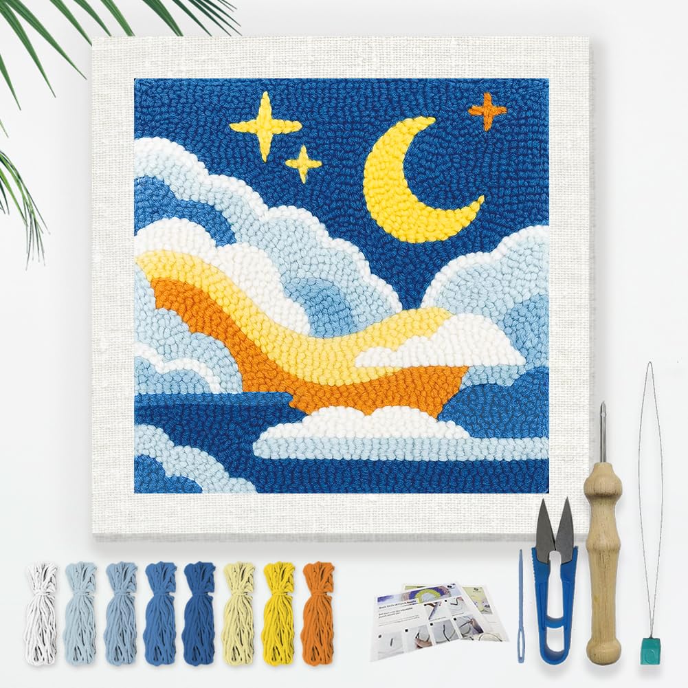 Doodlream Sea of Clouds DIY Punch Needle Embroidery Kit for Adult Beginner, 9.4" Clouds Moon Punch Stitching Craft Set for Starter with Frame,Fabric Pattern,Threader, Yarn, Pinch Needle