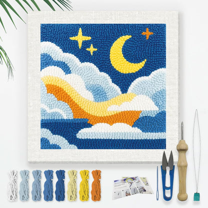 Doodlream Sea of Clouds DIY Punch Needle Embroidery Kit for Adult Beginner, 9.4" Clouds Moon Punch Stitching Craft Set for Starter with Frame,Fabric Pattern,Threader, Yarn, Pinch Needle