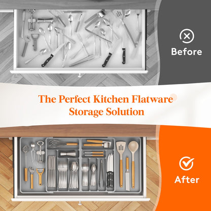 Lifewit Large Silverware Drawer Organizer, Expandable From 21 to 36 Inches, BPA Free Plastic Utensil Tray for Kitchen, Adjustable Flatware and Cutlery Holder for Spoons Forks Knives, Black