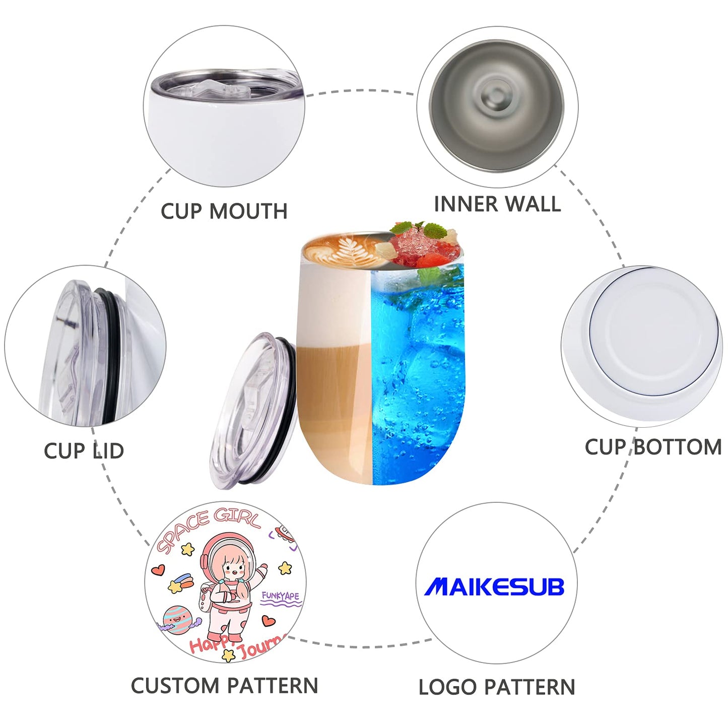 MAIKESUB Sublimation Blank Wine Tumbler Cups White 12 OZ Stainless Steel Insulated Stemless Tumbler Sublimation Mugs Cups 4 Pack Tumbler with Lid Keeping Cold Hot for Coffee Spill Proof cup