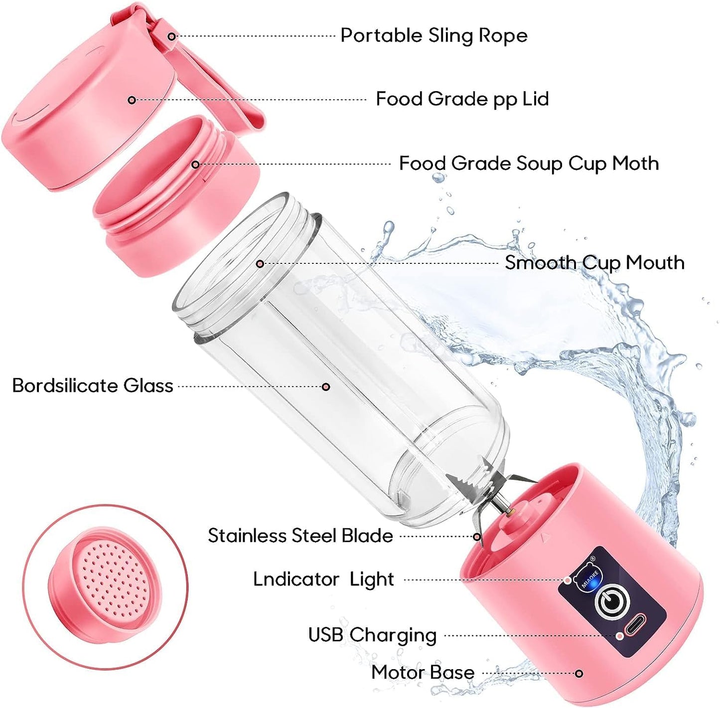 Portable Blender, USB Rechargeable Personal Fruit Blender, Mini Smoothie Blender (Pink)