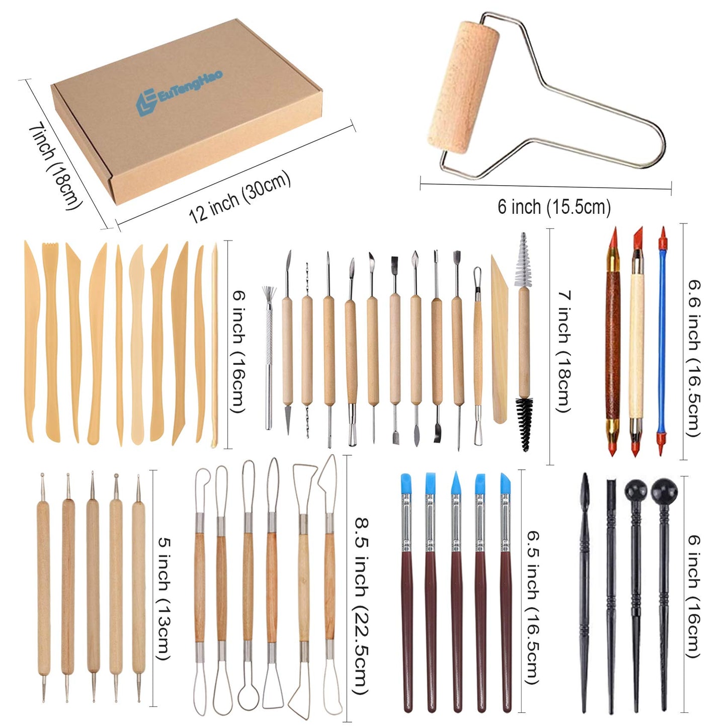 EuTengHao 61Pcs Ceramic Clay Tools Kit Pottery Tools Clay Sculpting Shapers Carving Tool Set Contains Most Essential Wooden Clay Tools for Potters Beginners