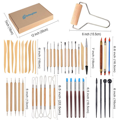 EuTengHao 61Pcs Ceramic Clay Tools Kit Pottery Tools Clay Sculpting Shapers Carving Tool Set Contains Most Essential Wooden Clay Tools for Potters Beginners