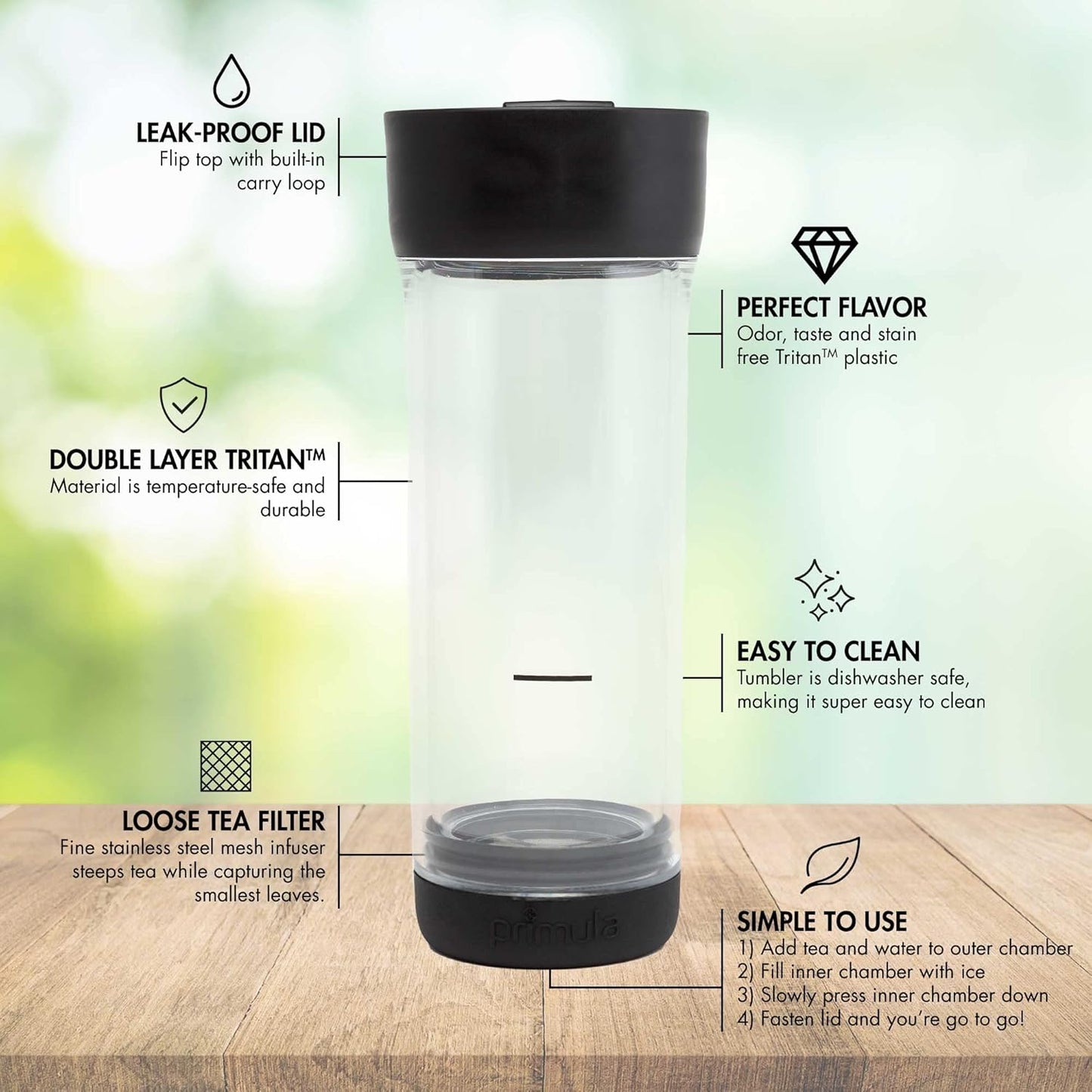 Primula Press and Go Iced Tea Maker - Travel Tumbler, Infuser Bottle, 16-Ounce, Black, Dishwasher Safe