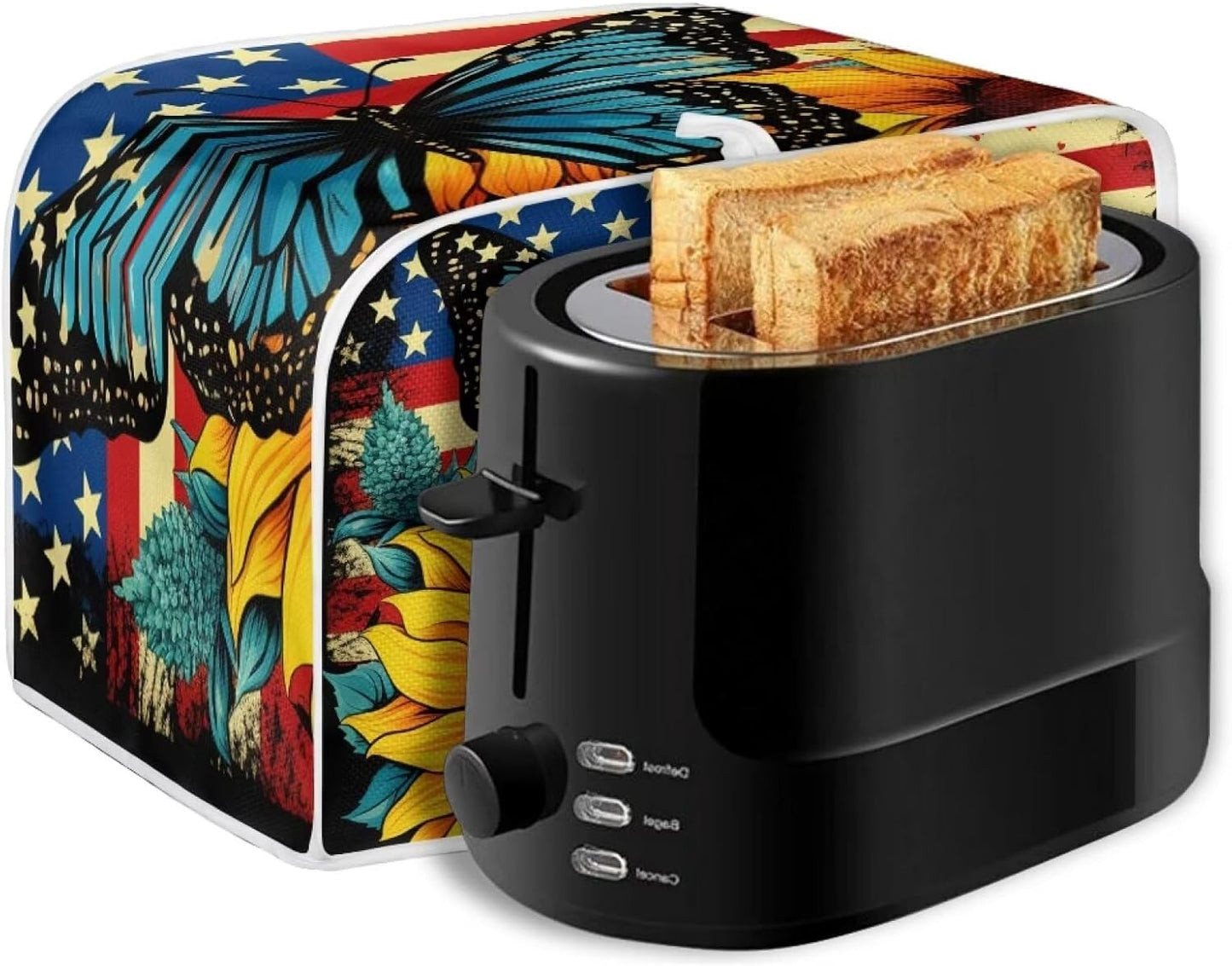 Sunflower Butterfly Print Toaster Cover, 4 Slice American Flag Washable Oven Cover for Kitchen