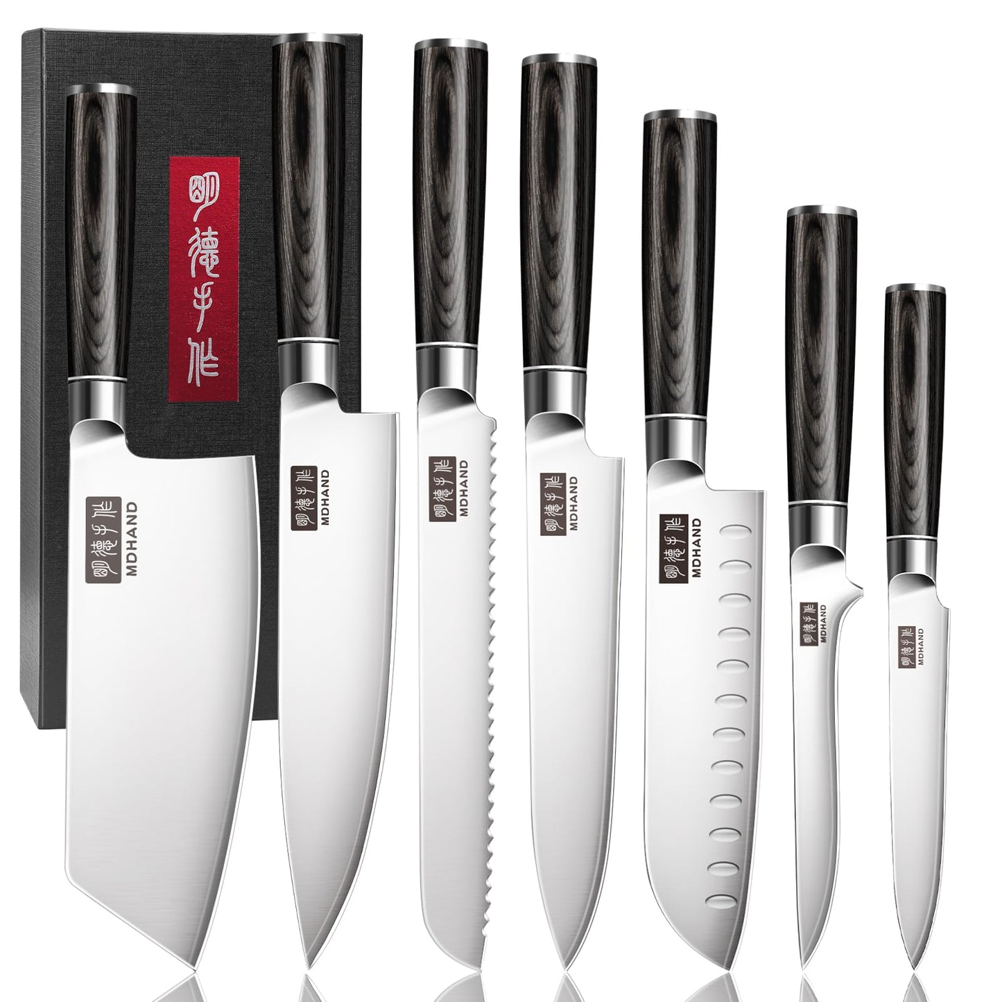 MDHAND Kitchen Knife Set, 7 Pieces Ultra Sharp Japanese Knife Set, High Carbon Stainless Steel Professional Chef Knives Set with Black Pakkawood Handle for Home Cooking, Dishwasher Safe