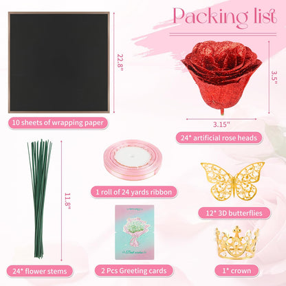 Complete Floral DIY Kit 24 Pcs Glitter Roses Bouquet Making Set with 12 Butterflies, Wrapping Paper, Cards, Ribbon & Crown Eternal Handmade Gift for Birthday, Anniversary, Mother's Day, Wedding (Red)