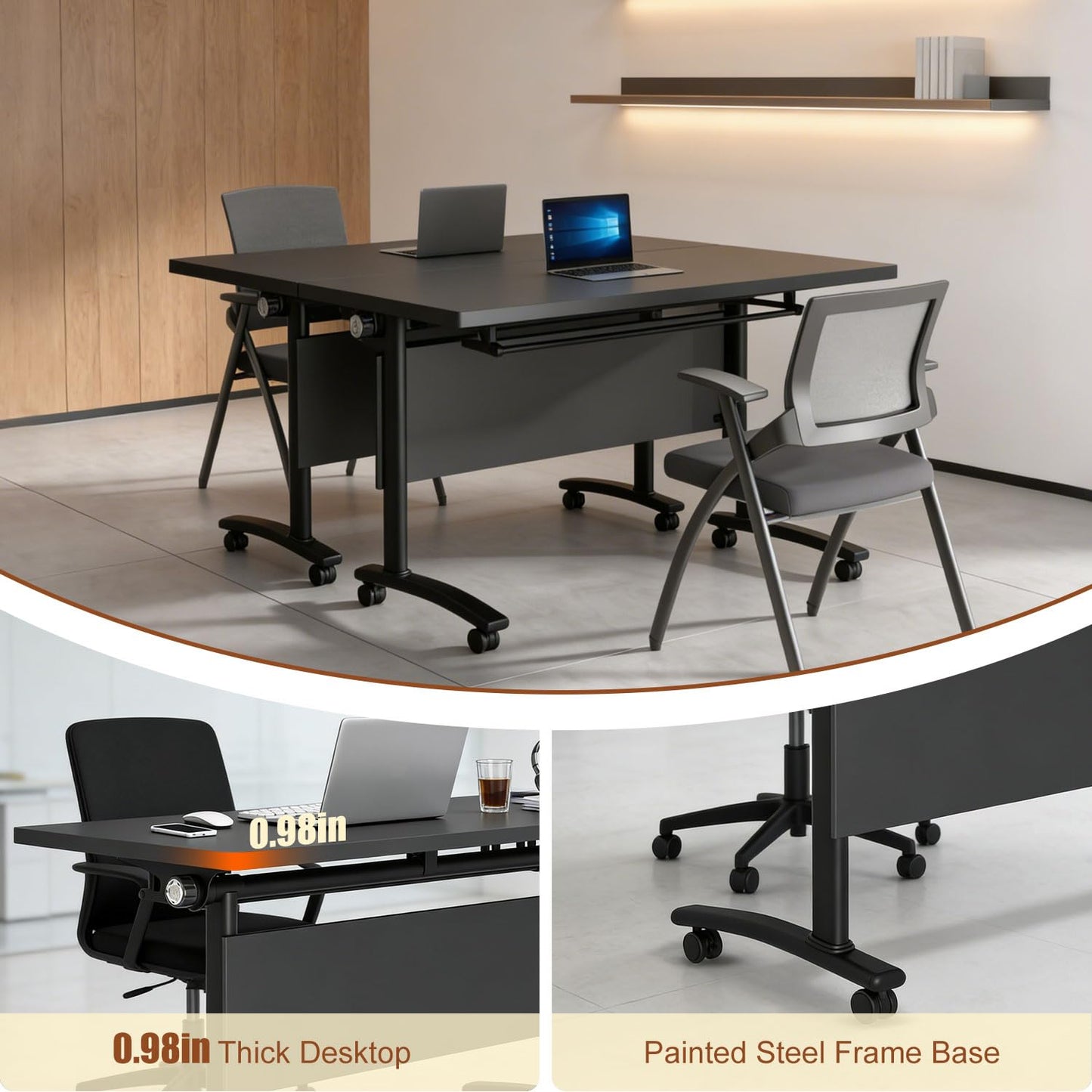 CUAOCEZ 8-Pack Modular Folding Conference Table with Wheels, 61" Flip Top Mobile Training Table, Heavy-Duty 550 lbs Capacity, Space-Saving Vertical Fold for Office Classroom & Seminar, Black