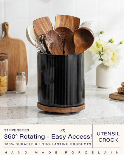 getstar Extra Large Rotating Utensil Holder for Kitchen Counter, 7.9" Ceramic Utensils Crocks Set for Countertop Large & Small Utensil Organizer for Spatula Farmhouse Kitchen Decor